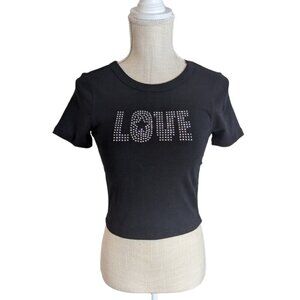 Wild Fable Womens Love Spellout Cropped Tee Black Top